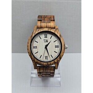 TJW Zebrawood Quartz Watch Roman Numeral Wooden Case 45mm New Battery Analog